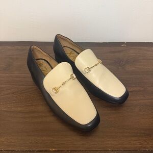 Sam Edelman Two-Tone Leather Bit Loafers - Cream & Black Horsebit Heels - Size 9